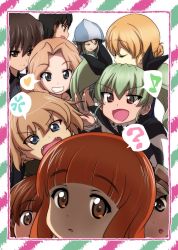 Rule 34 | 10s, 6+girls, :d, :o, ?, anchovy (girls und panzer), anger vein, angry, anzio school uniform, arm behind head, black cape, black hat, black neckwear, black ribbon, blonde hair, blue eyes, blue hat, blue shirt, border, braid, brown eyes, brown hair, cape, closed mouth, commentary request, darjeeling (girls und panzer), diagonal stripes, dress shirt, drill hair, eighth note, emblem, fang, frown, girls und panzer, green hair, grey shirt, grin, hair ribbon, hat, heart, highres, katyusha (girls und panzer), kay (girls und panzer), keizoku military uniform, kohinore, kuromorimine school uniform, light brown hair, light smile, long hair, long sleeves, looking at another, looking at viewer, looking back, mika (girls und panzer), multiple girls, musical note, necktie, nishi kinuyo, nishizumi maho, nishizumi miho, odd one out, open mouth, orange eyes, orange hair, parted lips, photobomb, pink border, red eyes, ribbon, school uniform, shimada arisu, shirt, short hair, side ponytail, smile, spoken anger vein, spoken heart, spoken musical note, spoken question mark, standing, striped, sweatdrop, takebe saori, trait connection, twin drills, twintails, v, v-shaped eyebrows, white shirt