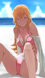 Rule 34 | 1girl, azur lane, bare legs, beach, blonde hair, breasts, casual one-piece swimsuit, cleavage, closed mouth, collarbone, day, hair between eyes, highres, long hair, long sleeves, looking at viewer, malcolm x (artist), medium breasts, ocean, one-piece swimsuit, outdoors, pink one-piece swimsuit, pink ribbon, red eyes, ribbon, richelieu (fleuron of the waves) (azur lane), sitting, solo, straight hair, summer, swimsuit, very long hair, white sleeves