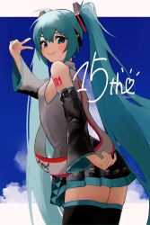 Rule 34 | &gt;:), 1girl, absurdres, anniversary, arm tattoo, bare shoulders, black skirt, black sleeves, black thighhighs, blue sky, breasts, closed mouth, cloud, commentary request, cowboy shot, detached sleeves, eyelashes, from side, green eyes, green hair, green nails, hair between eyes, hand up, hatsune miku, heart, highres, long hair, long sleeves, looking at viewer, miniskirt, nail polish, number tattoo, pleated skirt, sideboob, sidelocks, skirt, sky, small breasts, smile, smug, solo, tananuki, tattoo, thighhighs, twintails, twitter username, v-shaped eyebrows, v over eye, very long hair, vocaloid, wide sleeves, zettai ryouiki