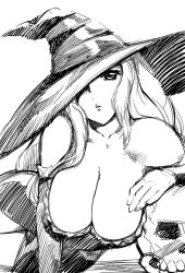 Rule 34 | 1girl, bare shoulders, breasts, cleavage, detached sleeves, dragon&#039;s crown, greyscale, hat, large breasts, long hair, monochrome, sketch, skull, solo, sorceress (dragon&#039;s crown), ueyama michirou, witch hat