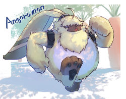 Rule 34 | angoramon, character name, digimon, digimon (creature), full body, highres, looking to the side, p!k@ru, rabbit boy, rabbit ears, running
