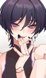 Rule 34 | 1boy, absurdres, akumana, artist name, black hair, blush, close-up, clothes, cum, cum eating, cum on fingers, doll, doll joints, earrings, eating cum, facial, genshin impact, highres, jewelry, joints, nail polish, puppet, purple eyes, scaramouche (genshin impact), short hair, signature, tongue, tongue out, white background
