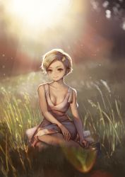 Rule 34 | 1girl, absurdres, aro (charged time out), blonde hair, breasts, cleavage, closed mouth, collarbone, day, dress, field, full body, grass, highres, lens flare, light particles, looking at viewer, medium breasts, nature, on ground, original, outdoors, photo-referenced, sandals, short hair, sitting, sleeveless, sleeveless dress, smile, solo, sundress, sunlight, swept bangs, white dress, yellow eyes, yokozuwari