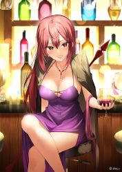 Rule 34 | 1girl, alcohol, artist name, bad id, bad pixiv id, bar (place), blush, bottle, breasts, brown hair, cleavage, coat, cocktail glass, collarbone, covered navel, crossed legs, cup, cupping glass, dress, drinking glass, earrings, fate/grand order, fate (series), forehead jewel, gae bolg (fate), h shai, hair intakes, highres, holding, holding cup, indoors, jewelry, lamp, large breasts, lipstick, long hair, looking at viewer, makeup, necklace, parted lips, purple dress, red eyes, scathach (fate), sitting, smile, solo, stool, wine, wine bottle, wine glass, wooden wall