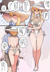 Rule 34 | 1boy, 1girl, artoria pendragon (all), artoria pendragon (fate), artoria pendragon (swimsuit ruler) (fate), artoria pendragon (swimsuit ruler) (second ascension) (fate), ass, back, bare shoulders, blonde hair, blush, braid, breasts, brown hair, cleavage cutout, clothing cutout, comic, fate/grand order, fate (series), french braid, fujimaru ritsuka (male), green eyes, hair between eyes, hair bun, hat, highleg, highleg swimsuit, highres, large breasts, long hair, one-piece swimsuit, open mouth, parasol, pononozo, sandals, sarong, short hair, sidelocks, smile, speech bubble, sun hat, swimsuit, thighs, translation request, umbrella, white headwear, white one-piece swimsuit