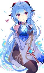 Rule 34 | 1girl, ahoge, bare shoulders, bell, black legwear, blue flower, blue gloves, blue hair, blush, breasts, bug, butterfly, chinese knot, clover 39, detached sleeves, flower, flower knot, ganyu (genshin impact), genshin impact, gloves, gold trim, highres, insect, long hair, looking at viewer, medium breasts, neck bell, orb, purple eyes, sidelocks, solo, thighlet, vision (genshin impact), white sleeves