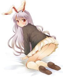 Rule 34 | 1girl, :o, all fours, animal ears, female focus, from behind, grey hair, kneehighs, loafers, long hair, looking at viewer, looking back, michii yuuki, pleated skirt, rabbit ears, red eyes, reisen udongein inaba, shoes, skirt, socks, solo, touhou, white socks