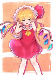 Rule 34 | 1girl, ascot, blonde hair, cowboy shot, crystal, dress, flandre scarlet, hat, highres, kabochamaronpie, long hair, open mouth, red dress, red eyes, solo, touhou, twintails, yellow ascot