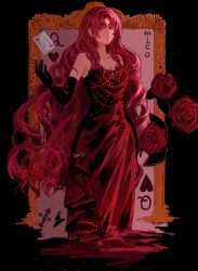 Rule 34 | 1girl, absurdres, card (medium), dress, flower, hearts (i became a god in a horror game), highres, i became a god in a horror game, jewelry, kangshifumifen, long hair, looking at viewer, purple eyes, red dress, red flower, red hair, red rose, rose, solo