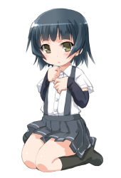 Rule 34 | 10s, 1girl, :o, arare (kancolle), arm warmers, black hair, blush, brown eyes, dd (ijigendd), dress shirt, full body, grey skirt, kantai collection, no headwear, no shoes, open mouth, pleated skirt, shirt, short hair, short sleeves, simple background, sitting, skirt, solo, suspenders, wariza, white background, white shirt
