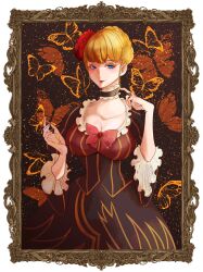 Rule 34 | 1girl, absurdres, beatrice (umineko), black choker, blonde hair, bow, breasts, bug, butterfly, choker, cleavage, flower, hair flower, hair ornament, highres, huyumi77, insect, jewelry, large breasts, lips, looking at viewer, orange butterfly, painting (object), pink lips, red flower, red rose, ring, rose, short hair, solo, transparent background, umineko no naku koro ni