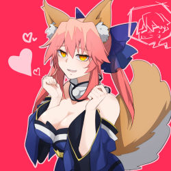 Rule 34 | 1031 (senzai 001), 1girl, animal ear fluff, animal ears, bare shoulders, blue kimono, blue ribbon, breasts, collarbone, detached sleeves, fate/extella, fate/extra, fate/extra ccc, fate/grand order, fate (series), fox ears, fox girl, fox tail, hair ribbon, heart, highres, japanese clothes, kimono, kishinami hakuno (male), large breasts, looking at viewer, open mouth, pink hair, red background, ribbon, simple background, solo, speech bubble, tail, tamamo (fate), tamamo no mae (fate/extra), yellow eyes