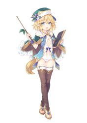 Rule 34 | 1girl, artist request, blonde hair, blue eyes, book, cape, cleavage cutout, clothing cutout, elf, elf village, flower, hair flower, hair ornament, hat, highres, holding, holding book, leaf, long hair, monica (elf village), official art, open mouth, panties, pointy ears, sandals, solo, teacher, thighhighs, transparent background, underwear, very long hair, white panties