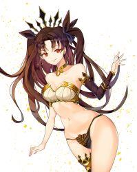 Rule 34 | 1girl, armlet, asymmetrical legwear, asymmetrical sleeves, bad id, bad pixiv id, bare arms, bare legs, bare shoulders, bikini, black bikini, black detached sleeves, black ribbon, breasts, brown hair, cleavage, closed mouth, crown, detached sleeves, earrings, fate/grand order, fate (series), female focus, floating hair, ggomddak, hair ribbon, hand up, highres, hoop earrings, ishtar (fate), jewelry, legs, long hair, looking at viewer, lots of jewelry, medium breasts, navel, neck, neck ring, necklace, parted bangs, red eyes, revealing clothes, ribbon, single detached sleeve, single thighhigh, smile, solo, standing, strapless, strapless bikini, swimsuit, thighhighs, thighlet, tohsaka rin, type-moon, uneven legwear, uneven sleeves, white bikini