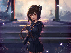 Rule 34 | 1girl, arm at side, black serafuku, blurry, blurry background, breast hold, breasts, brown hair, cowboy shot, ginon (sjyh3466), girls&#039; frontline, hairband, head tilt, highres, long hair, looking at viewer, neckerchief, open mouth, petals, pleated skirt, red eyes, sailor collar, scenery, school uniform, serafuku, shinto, sidelocks, skirt, sleeves past wrists, solo, stairs, standing, stone torii, torii, type 79 (girls&#039; frontline), uniform
