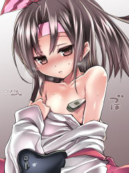 Rule 34 | 10s, 1girl, bad id, bad pixiv id, bare shoulders, blush, brown eyes, brown hair, gradient background, hachimaki, headband, high ponytail, japanese clothes, kantai collection, looking at viewer, muneate, off shoulder, solo, sweat, thermometer, tokita monta, upper body, zuihou (kancolle)