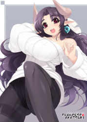 Rule 34 | 1girl, akatsuki francesca, bad id, bad pixiv id, breasts, brown hair, demon girl, detached sleeves, earrings, highres, horns, huge breasts, impossible clothes, impossible shirt, jewelry, mel/a, mature female, off-shoulder, off-shoulder sweater, off shoulder, open mouth, original, panties, panties under pantyhose, pantyhose, pointy ears, red eyes, shirt, smile, solo, demon girl, sweater, thighband pantyhose, underwear