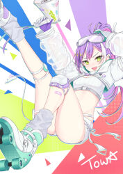 Rule 34 | 1girl, absurdres, bandaid, bandaid on leg, breasts, colored inner hair, demon girl, demon tail, ear piercing, gloves, goggles, goggles on head, green eyes, highres, holding, holding megaphone, hololive, jiejeat, knee pads, long hair, long sleeves, looking at viewer, loose socks, medium breasts, megaphone, midriff, multicolored hair, navel, official alternate costume, open mouth, piercing, pink hair, pointy ears, ponytail, purple hair, roller skates, see-through, see-through sleeves, short shorts, shorts, skates, socks, solo, streaked hair, tail, thighs, tokoyami towa, tokoyami towa (5th costume), virtual youtuber, white gloves, white hair, white shorts