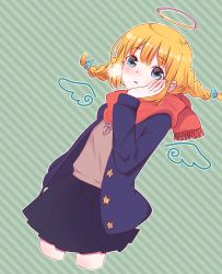 Rule 34 | 1girl, black skirt, blonde hair, blue eyes, blue jacket, blush, braid, breath, commentary request, cropped legs, detached wings, diagonal stripes, dutch angle, fringe trim, green background, halo, hand on own cheek, hand on own face, hand up, highres, hiroshi (jasinloki), jacket, mini wings, open clothes, open jacket, original, pleated skirt, red scarf, scarf, sidelocks, skirt, solo, star (symbol), striped, striped background, sweater vest, twin braids, twintails, wings