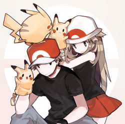 Rule 34 | 1boy, 1girl, bad id, bad pixiv id, black shirt, brown hair, commentary, creatures (company), game freak, gen 1 pokemon, grey pants, hand puppet, hat, leaf (pokemon), lillin, long hair, nintendo, on head, open mouth, pants, pikachu, pokemon, pokemon (creature), pokemon frlg, pokemon on head, puppet, red (pokemon), red headwear, red skirt, shirt, short sleeves, simple background, skirt, sleeveless, symbol-only commentary, white headwear