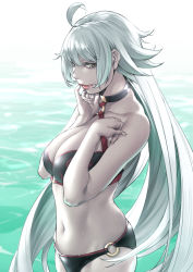 Rule 34 | 1girl, ahoge, bad id, bad pixiv id, bare shoulders, bikini, black bikini, breasts, cleavage, fate/grand order, fate (series), jeanne d&#039;arc alter (swimsuit berserker) (fate), jeanne d&#039;arc (fate), jeanne d&#039;arc alter (fate), jeanne d&#039;arc alter (swimsuit berserker) (fate), large breasts, licking lips, long hair, looking at viewer, navel, o-ring, o-ring swimsuit, pale skin, silver hair, snowcat., solo, standing, stomach, swimsuit, tongue, tongue out, very long hair, water, wet