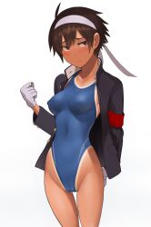 Rule 34 | 1girl, absurdres, black eyes, black hair, blush, breasts, cameltoe, clenched hand, closed mouth, commentary, competition swimsuit, covered navel, dark skin, frown, gloves, headband, highleg, highleg swimsuit, highres, jacket, looking at viewer, lvi, medium breasts, nervous, one-piece swimsuit, one-piece tan, open clothes, open jacket, original, short hair, solo, standing, swimsuit, tan, tanline, tomboy, transparent background, white gloves, white headband