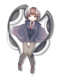 Rule 34 | 1other, a c bb, androgynous, blue jacket, brown hair, collared shirt, formal, headgear, highres, jacket, kokutenshi hibaru, len&#039;en, necktie, other focus, pants, red eyes, red necktie, shirt, short hair, solo, suit, white shirt, wings