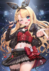 Rule 34 | 1girl, ;3, ;d, akabane (zebrasmise), black choker, black jacket, black skirt, blonde hair, blue eyes, bow, bowtie, braid, breasts, choker, cowboy shot, crop top, earrings, facial mark, frilled shirt, frills, hair ribbon, hand up, heart, highleg, highres, holding, holding microphone, jacket, jewelry, lace trim, long hair, long sleeves, looking at viewer, microphone, midriff, miniskirt, mononobe alice, mononobe alice (10th costume), multicolored hair, nail polish, navel, nijisanji, one eye closed, open clothes, open jacket, open mouth, outstretched arm, pleated skirt, pointing, pointing at viewer, red shirt, ribbon, shirt, skindentation, skirt, small breasts, smile, solo, standing, stomach, streaked hair, sweat, thighhighs, thighs, v-shaped eyebrows, virtual youtuber, zettai ryouiki