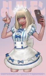 Rule 34 | 1girl, cellphone, character request, collaboration, cowboy shot, cropped legs, daichan mona, dress, highres, holding, holding phone, nail polish, phone, selfie, smartphone, solo, tagme, tongue