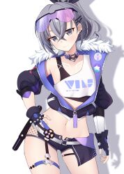 Rule 34 | 1girl, absurdres, black gloves, black shorts, closed mouth, collarbone, contrapposto, cowboy shot, crop top, cropped jacket, earclip, expressionless, eyewear on head, fingerless gloves, fur-trimmed jacket, fur trim, gloves, grey eyes, grey hair, hand on own hip, highres, hinata kokage, honkai: star rail, honkai (series), jacket, looking ahead, looking at viewer, micro shorts, midriff, navel, open fly, paid reward available, partially unzipped, shadow, shorts, silver wolf (honkai: star rail), simple background, solo, stomach, straight-on, thigh strap, variant set, white background