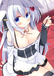 Rule 34 | 1girl, animal ears, bare shoulders, black thighhighs, blue eyes, blush, breasts, camisole, cleavage, dan ball, detached sleeves, heart, large breasts, long hair, looking at viewer, off shoulder, original, rabbit ears, ribbon, silver hair, sitting, skirt, smile, solo, strap pull, thighhighs, twintails, two side up, undressing, very long hair