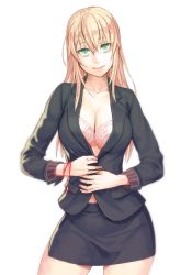 Rule 34 | 1girl, blonde hair, bra, bracelet, breasts, cleavage, contrapposto, female focus, green eyes, head tilt, jacket, jewelry, large breasts, light smile, long hair, mustard seeds, narrow waist, no shirt, office lady, original, pencil skirt, pink bra, simple background, skirt, smile, solo, standing, string, string of fate, underwear, white background, yuuji (and)