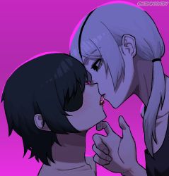 Rule 34 | 2girls, after kiss, black hair, black tank top, blush, chainsaw man, eyepatch, french kiss, grey hair, height difference, himeno (chainsaw man), k3nnyn3v, kiss, long hair, multiple girls, pink background, pink theme, ponytail, quanxi (chainsaw man), saliva, saliva trail, short hair, simple background, tank top, tongue, tongue out, yuri