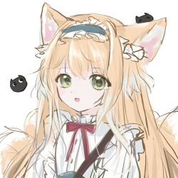 Rule 34 | 1girl, animal ear fluff, animal ears, arknights, blonde hair, commentary, crossover, faye (0365656247), fox ears, fox girl, fox tail, green eyes, heixiu, highres, kitsune, kyuubi, long hair, looking at viewer, luo xiaohei zhanji, multicolored hair, multiple tails, neck ribbon, official alternate costume, parted lips, red ribbon, ribbon, shirt, solo, suzuran (arknights), suzuran (spring praise) (arknights), symbol-only commentary, tail, two-tone hair, upper body, white hair, white shirt