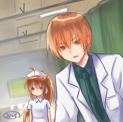 Rule 34 | 1boy, 1girl, ahoge, alternate costume, blush, brother and sister, brown hair, closed mouth, coat, collared shirt, commentary, eyebrows hidden by hair, green necktie, green shirt, hair between eyes, hair ribbon, hat, indoors, lab coat, little busters!, long hair, long sleeves, meme, micchi (koto maple), natsume kyousuke, natsume rin, necktie, nine years in a coma (meme), nurse, nurse cap, open clothes, open coat, open mouth, ponytail, pov, ribbon, serious, shirt, short hair, short sleeves, siblings, signature, upper body, v-shaped eyebrows, very long hair, white ribbon, white shirt