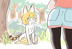 Rule 34 | 10s, 2girls, :3, animal ears, bad id, bad twitter id, black legwear, blonde hair, breasts, bush, day, forest, grass, gunzan, highres, kaban (kemono friends), kemono friends, looking at another, multiple girls, nature, nude, outdoors, pantyhose, pantyhose under shorts, print legwear, red shirt, serval (kemono friends), serval print, serval tail, shirt, short hair, shorts, sitting, small breasts, tail, thighhighs, tree, white shorts, yellow eyes
