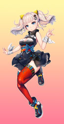 Rule 34 | 1girl, absurdres, bad id, bad pixiv id, bare shoulders, black dress, blue eyes, blunt bangs, boots, breasts, cleavage, cleavage cutout, clothing cutout, dress, full body, gradient background, hair ornament, hairclip, highres, kaguya luna, large breasts, looking at viewer, multicolored eyes, obi, red thighhighs, sash, shiny skin, short hair, silver hair, simple background, sleeveless, sleeveless dress, solo, the moon studio, thighhighs, twintails, virtual youtuber, y.i. (lave2217)