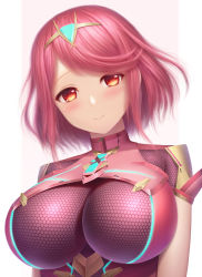 Rule 34 | 1girl, blush, bodysuit, breasts, chest jewel, closed mouth, eyebrows hidden by hair, highres, huge breasts, impossible bodysuit, impossible clothes, looking at viewer, masatoki, neon trim, pyra (xenoblade), red bodysuit, red eyes, red hair, short hair, short sleeves, smile, solo, swept bangs, tiara, upper body, xenoblade chronicles (series), xenoblade chronicles 2