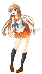 Rule 34 | 1girl, :d, braid, brown eyes, brown hair, courreges ace, culture japan, full body, kneehighs, leaning forward, loafers, mascot, open mouth, outstretched arms, pigeon-toed, school uniform, shoes, simple background, skirt, smile, socks, solo, spread arms, suenaga mirai, twin braids