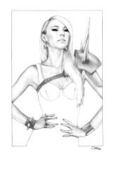 Rule 34 | 1girl, 2ne1, armor, asian, blending, border, bracelet, breasts, cl (rapper), dress, earrings, graphite (medium), greyscale, hair behind ear, hands on own hips, jewelry, k-pop, logo, long hair, looking at viewer, mole, mole on breast, monochrome, multiple rings, real life, realistic, ring, shoulder armor, shoulder spikes, small breasts, smile, spiked bracelet, spikes, sumo0172, traditional media, white background, white border, yg entertainment