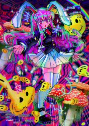 Rule 34 | +++, 1girl, @ @, animal ears, blazer, blush, bullet, collared shirt, colorful, commentary, english commentary, finger gun, fly agaric, gleamyguts, glitch, hair between eyes, highres, jacket, light purple hair, loafers, long hair, long sleeves, looking at viewer, mixed media, mushroom, necktie, open mouth, outline, photo inset, pleated skirt, purple hair, rabbit ears, rainbow, red eyes, red necktie, reisen udongein inaba, shirt, shoes, skirt, smiley face, solo, suppository, thighhighs, touhou, white skirt, white thighhighs, zettai ryouiki