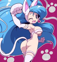 Rule 34 | 1girl, animal ears, animal hands, ass, blue hair, breasts, capcom, cat ears, cat paws, cat tail, fang, felicia (vampire), green eyes, large breasts, long hair, nollety, one eye closed, revealing clothes, solo, tail, thighs, vampire (game), very long hair