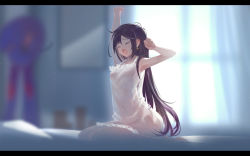 Rule 34 | 1girl, alternate costume, armpits, arms up, backlighting, bare shoulders, barefoot, bed, black hair, blurry, blurry background, commentary request, covered navel, curtains, closed eyes, genshin impact, hair down, hat, unworn hat, unworn headwear, highres, indoors, letterboxed, lingerie, long hair, mona (genshin impact), nightgown, on bed, open mouth, pillow, ring (1079882045), see-through, shoes, unworn shoes, sitting, sleepwear, sleepy, solo, stretching, tearing up, underwear, very long hair, waking up, window, yawning
