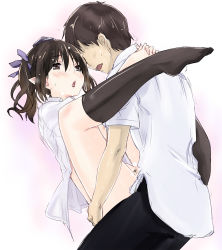 Rule 34 | 1boy, 1girl, black socks, blush, bottomless, brown eyes, brown hair, carrying, cl (h-sys.), clothed sex, collared shirt, faceless, faceless male, female pubic hair, hair ribbon, hat, heart, hetero, highres, himekaidou hatate, hug, interlocked fingers, kneehighs, leg lock, naked shirt, open fly, open mouth, pointy ears, pubic hair, ribbon, sex, shirt, socks, standing, suspended congress, sweat, tears, textless version, tokin hat, tongue, tongue out, touhou, twintails, vaginal