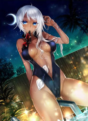 Rule 34 | 1girl, adjusting hair, arm up, artist request, black one-piece swimsuit, blue eyes, breasts, cameltoe, center opening, cleavage, contrapposto, crescent moon, crotch, dark skin, dark-skinned female, dutch angle, female focus, front zipper swimsuit, full-length zipper, goggles, hair over shoulder, large breasts, long hair, looking at viewer, meme attire, moon, mouth hold, navel, night, night sky, no pupils, one-piece swimsuit, outdoors, palm tree, plant, pool ladder, poolside, sengoku bushouki muramasa, silver hair, sky, solo, sparkle, star (sky), starry sky, swimsuit, tree, wading, wet, wet hair, zipper