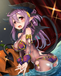 Rule 34 | 1girl, ahoge, annual succubus (hobby), ass, bare shoulders, bat wings, bikini, blush, bodysuit, breasts, butt crack, cleavage, commentary request, demon girl, demon horns, demon tail, demon wings, detached sleeves, earrings, eyebrows, from behind, hair ornament, halloween, highres, hobby (kento), horns, jewelry, large breasts, long hair, looking at viewer, looking back, nail polish, open mouth, original, partially submerged, pointy ears, ponytail, purple bikini, purple hair, red eyes, round teeth, see-through, sidelocks, solo, standing, swimsuit, tail, teeth, wading, water, wings
