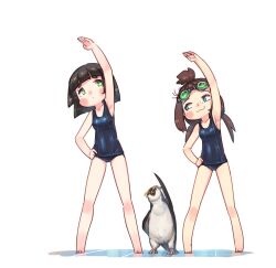 Rule 34 | 2girls, :3, bare legs, bird, black hair, blue eyes, blue one-piece swimsuit, blush, borrowed character, brown hair, freckles, goggles, goggles on head, green eyes, highres, hina (butteryshake), multiple girls, one-piece swimsuit, original, penguin, perlline (porforever), porforever, school swimsuit, simple background, smile, swimsuit