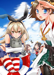 Rule 34 | 10s, 4girls, :3, :d, aircraft, airplane, blonde hair, blue eyes, boots, brown eyes, brown hair, cloud, day, detached sleeves, elbow gloves, gloves, hair ornament, haruna (kancolle), hiei (kancolle), ibuki (mao 1023), ichinose ibuki, innertube, japanese clothes, kantai collection, long hair, looking at viewer, microskirt, miko, multiple girls, nontraditional miko, ocean, open mouth, pantyhose, pleated skirt, rensouhou-chan, ribbon-trimmed sleeves, ribbon trim, shimakaze (kancolle), skirt, sky, smile, striped clothes, striped legwear, striped thighhighs, swim ring, thigh boots, thighhighs, zettai ryouiki, zuihou (kancolle), | |, || ||