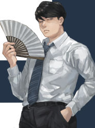 Rule 34 | 1boy, belt, black eyes, black hair, black pants, blue necktie, folding fan, frown, hand fan, hand in pocket, highres, holding, holding fan, long sleeves, looking at viewer, male focus, mtmr 0721, necktie, pants, pocket, sangatsu no lion, shigeta morio, shirt, short hair, simple background, solo, standing, two-tone background, white shirt