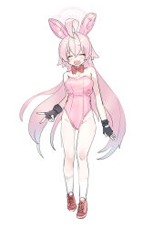 Rule 34 | 1girl, animal ears, bare shoulders, black gloves, blue archive, blush, bow, bowtie, closed eyes, eyelashes, fang, gloves, gradient hair, hair between eyes, halo, highres, hoshino (blue archive), leotard, long hair, multicolored hair, open mouth, pink hair, pink halo, playboy bunny, rabbit ears, red bow, red bowtie, red footwear, shoes, simple background, sneakers, socks, solo, thigh gap, very long hair, white background, white socks, yanyo (ogino atsuki)